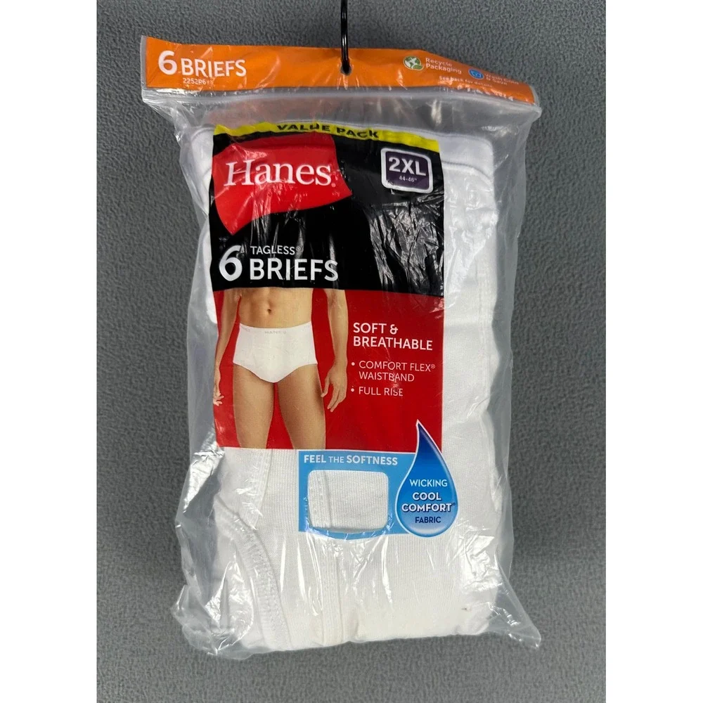 Hanes Briefs Underwear Mens 2XL White 6 Pack Tagless Cotton Comfort Flex Wicking